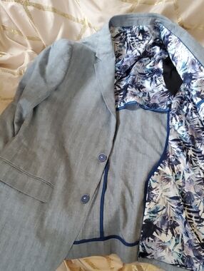SENSO Light Blue Linen-Blend Blazer with Floral-Print Lining